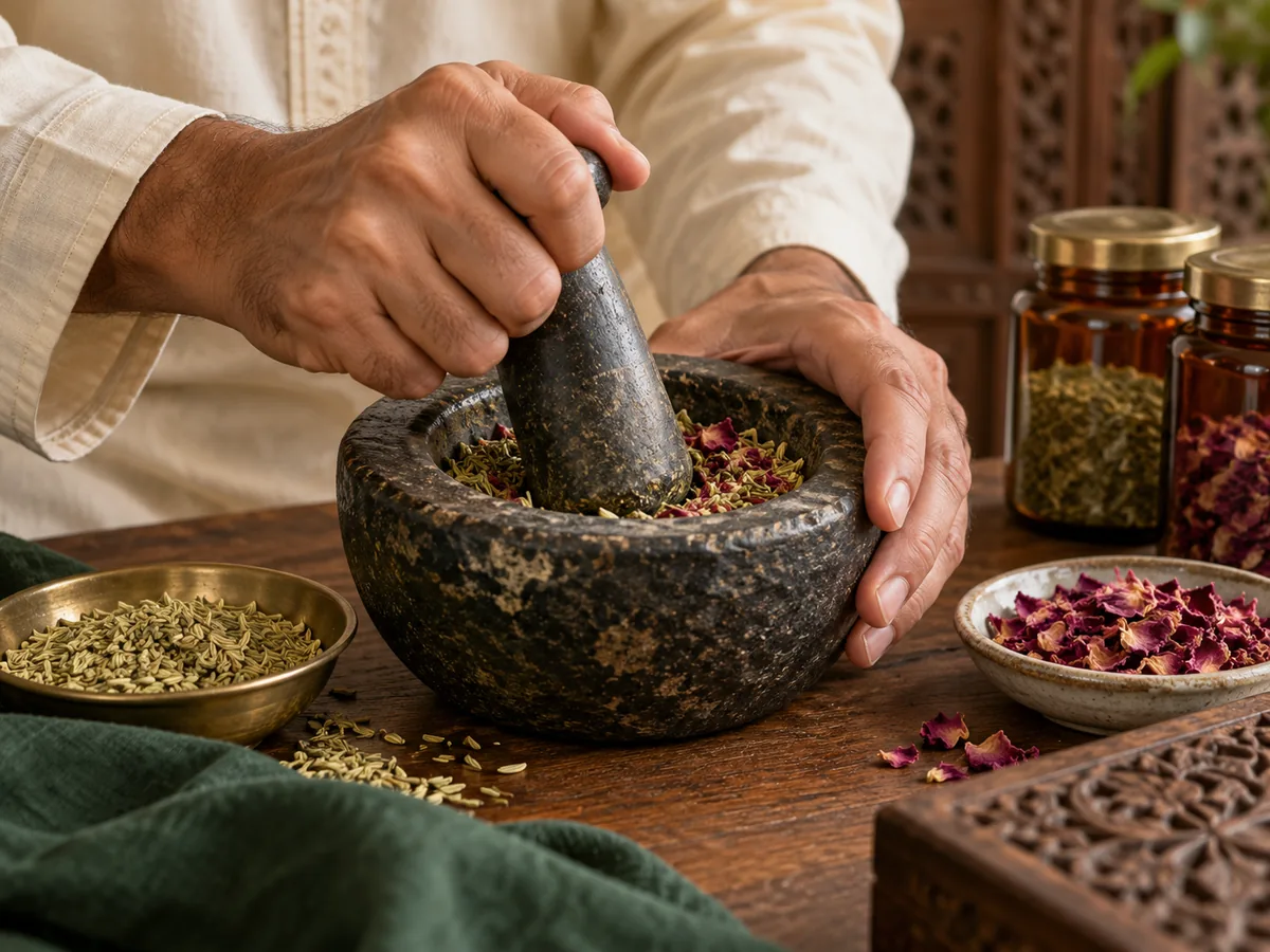 Hands preparing botanicals with a stone mortar at a herbal workbench; editorial concept.